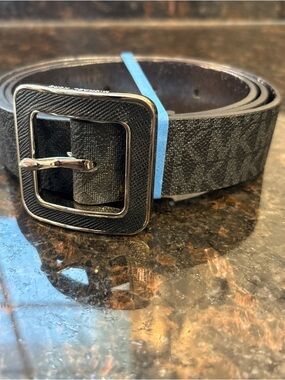 Michael Kors Black Logo-Print Womans Belt with Silver Buckle